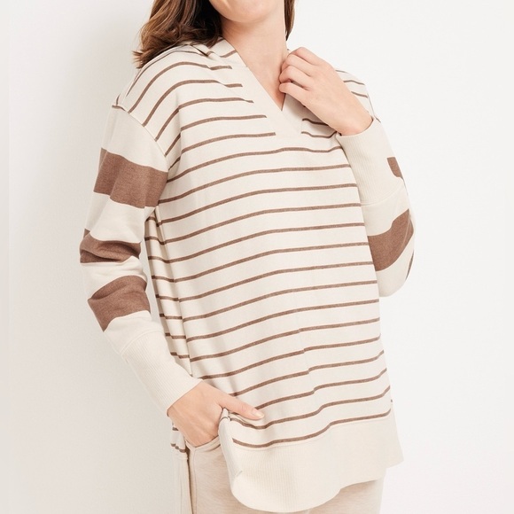 Maurices Tops - Maurices Sweatshirt Cream & Brown Stripe V-neck Hooded Oversized Medium Women’s